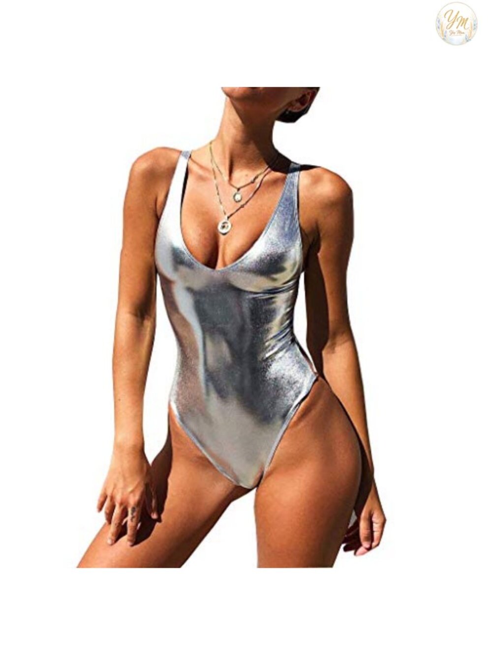 Women's Metallic One Piece Push Up Swimsuit Scoop Neck Backless Thong Bodysuit